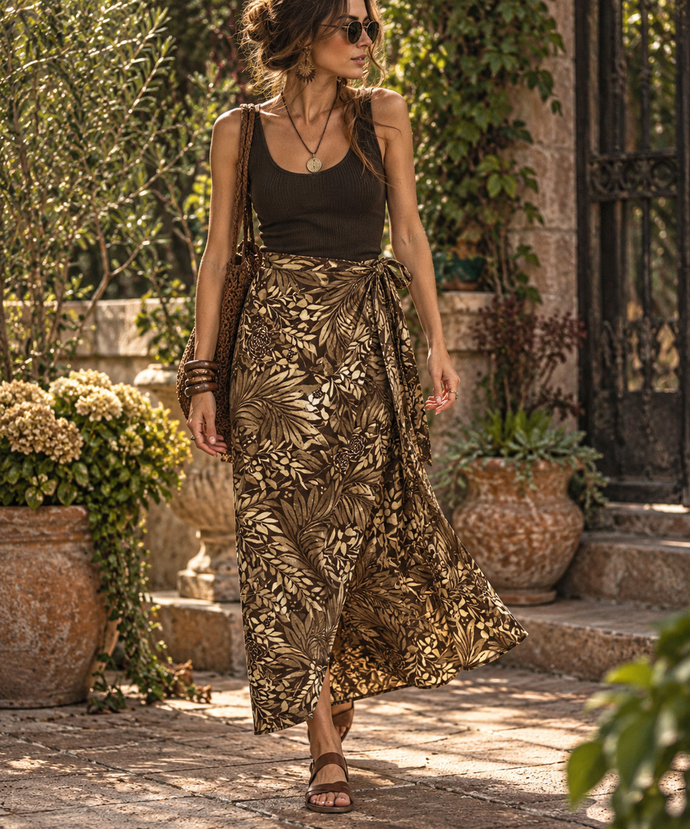 Vintage Y2K Liz Claiborne First Issue Sz 12 Linen Wrap Maxi Skirt Brown Floral